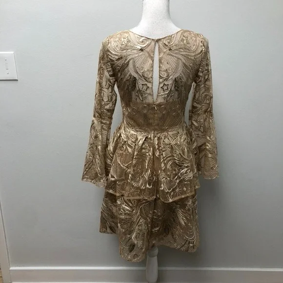 Marchesa Notte Fit And Flare Dress Womens 4 Gold Lace Party Hoco Formal  Wedding